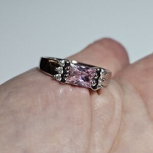 Silver Tone Pink Rectangular Rhinestone Clear Rhinestone Accents Ring Size 6.5